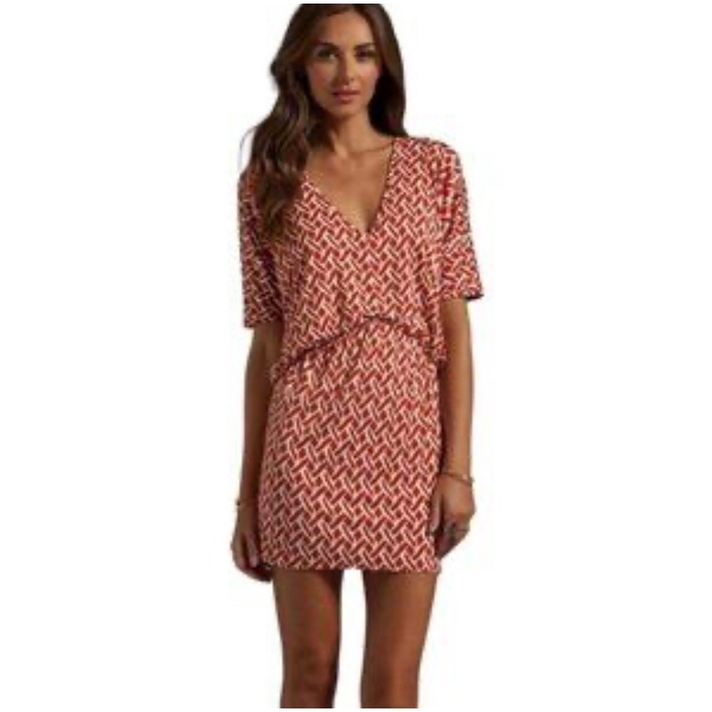 Rachel Pally Mini Dress Womens Small Red‎ Geometric Dolman Sleeve V-Neck Modal